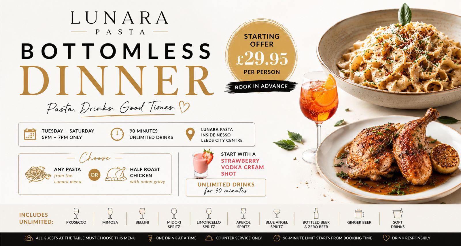 Lunara Bottomless Dinner launch offer with pasta, spritz and roast chicken